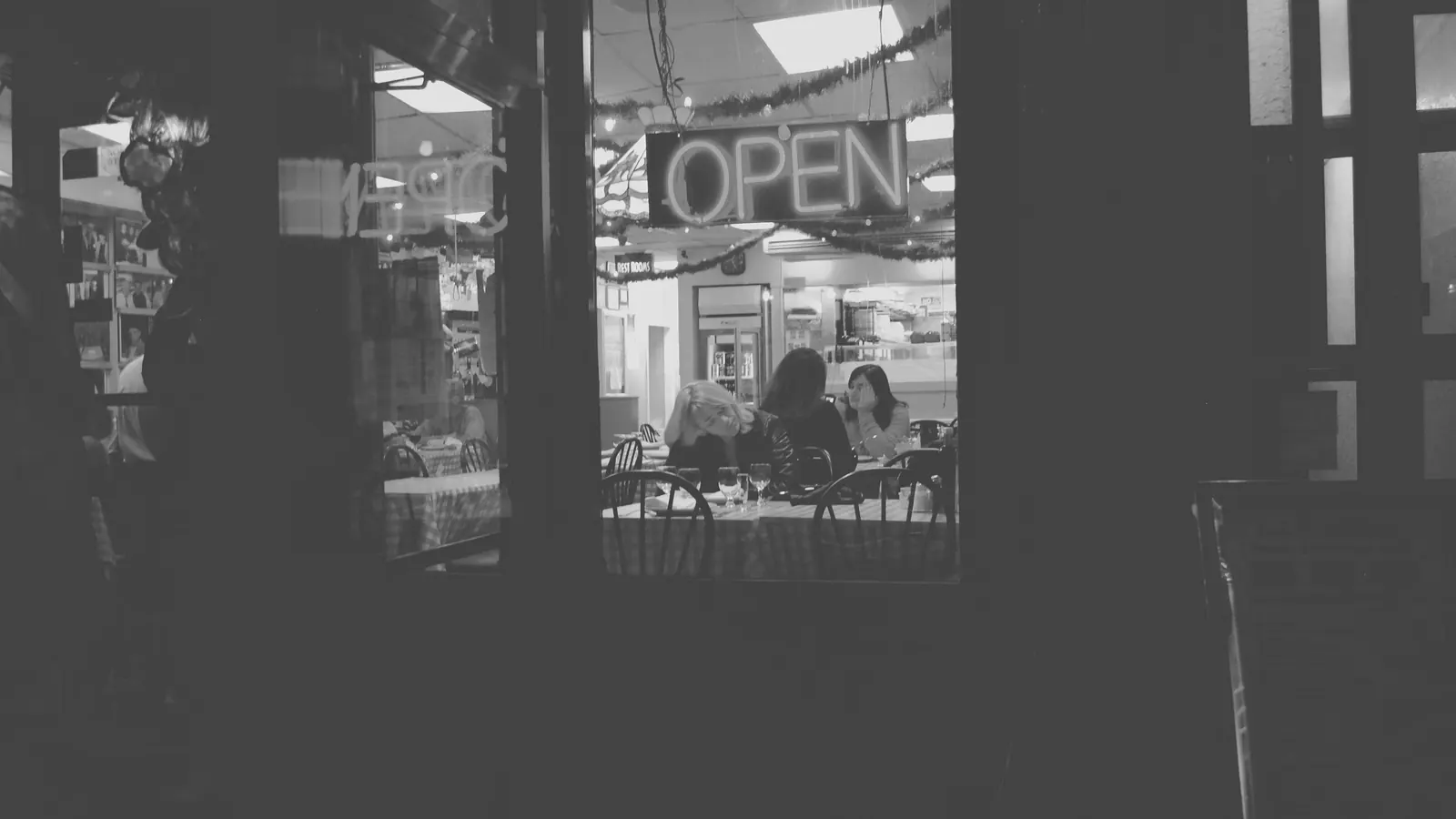 Café window with an Open sign