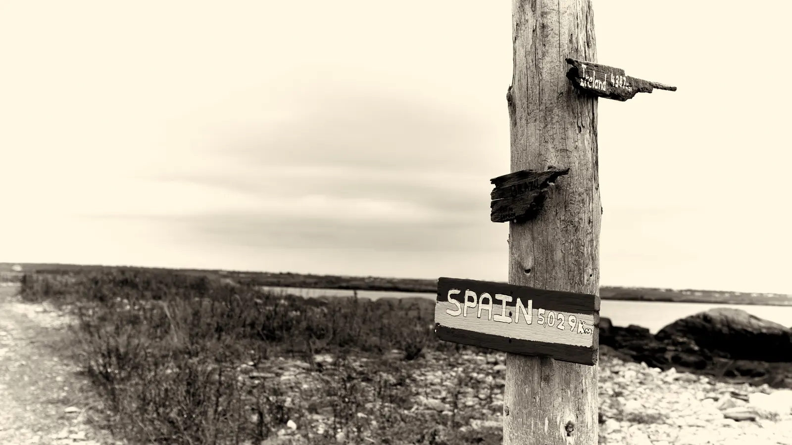 Signpost on a wooden pole by the coast