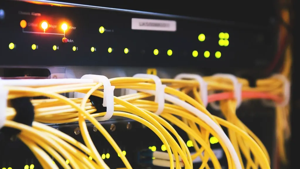Server rack with yellow network cables and status lights