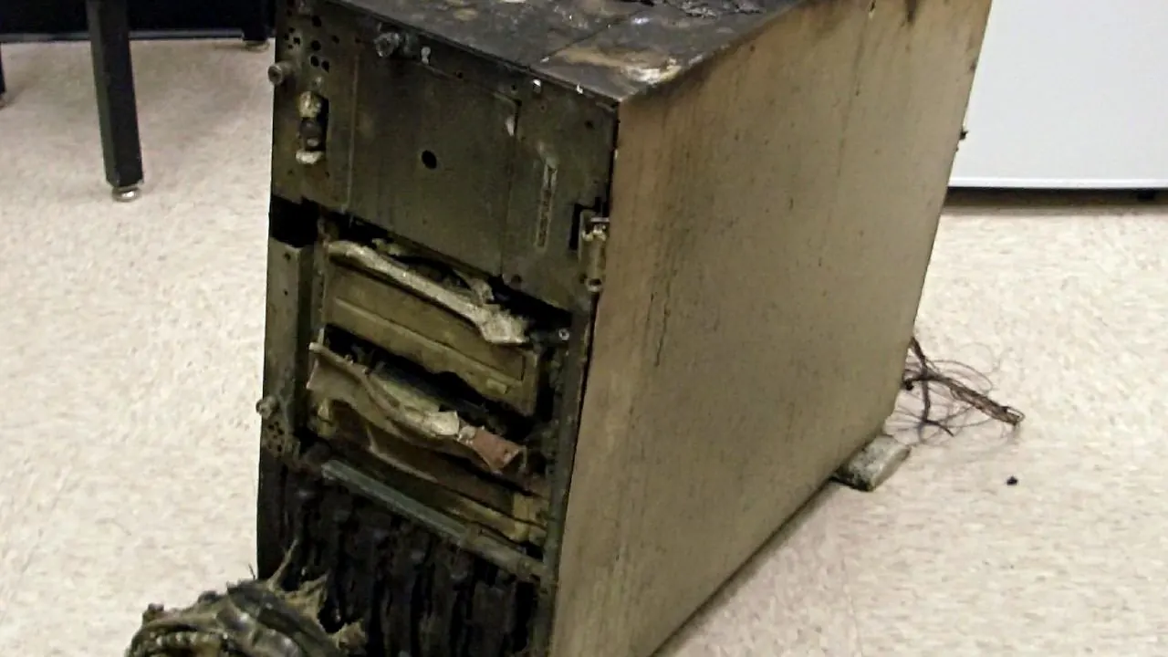 Damaged old computer case on the floor