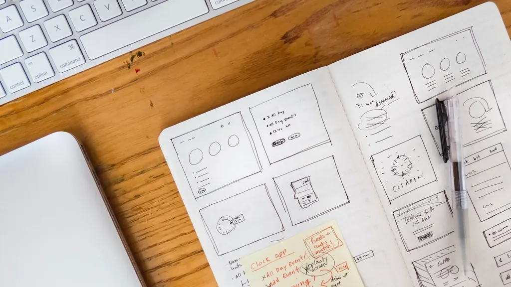 Web page layout sketches in a notebook beside a keyboard