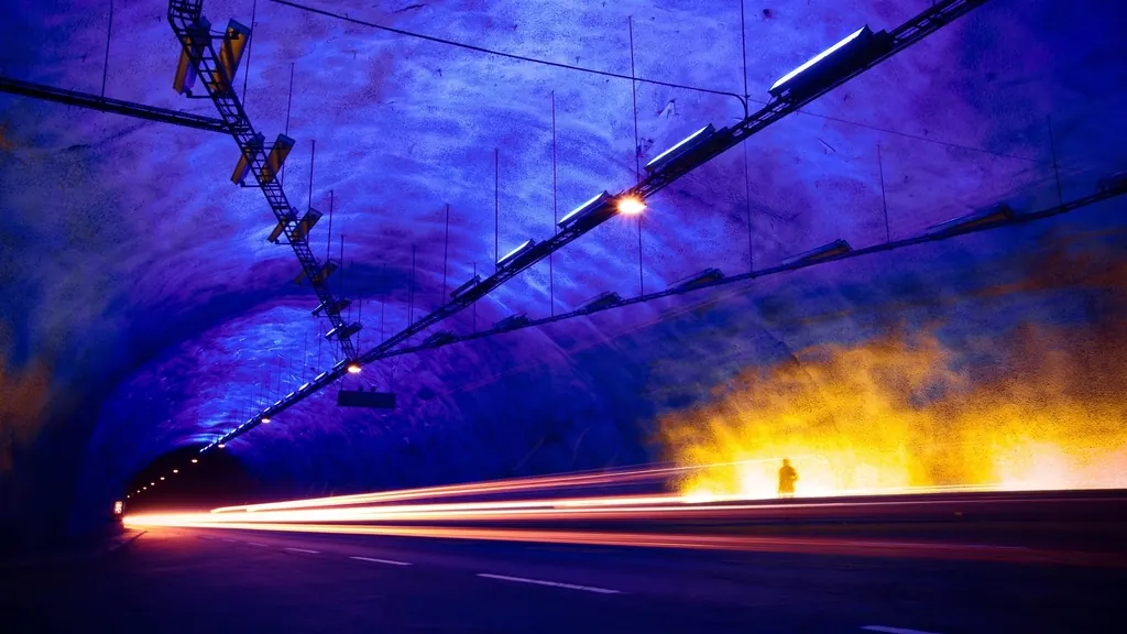 Light trails speeding through a tunnel