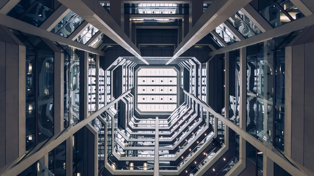Looking up through a tall rack of server hardware